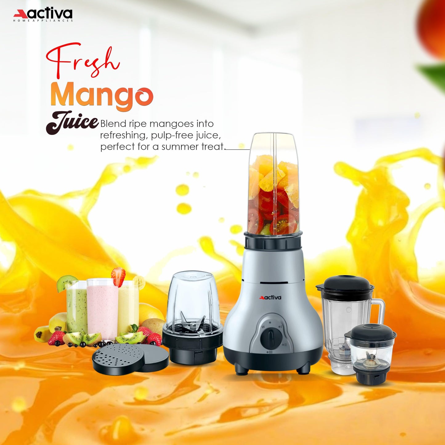 ACTIVA Easy Mix Nutri 4 Jar Mixer Grinder Powerful 500 Watt Motor | Long Lasting Shock Proof Abs Body | Heavy Duty Motor With Nano - Grinding Technology, Gray come with 2 year warranty