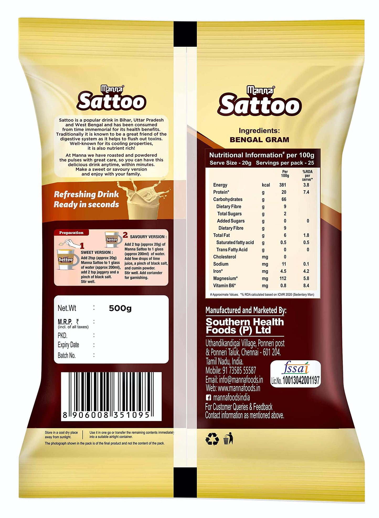 Manna Sattu Atta 1Kg 100% Channa Sattu Roasted Gram Atta Flour (500 X 2 Packs)