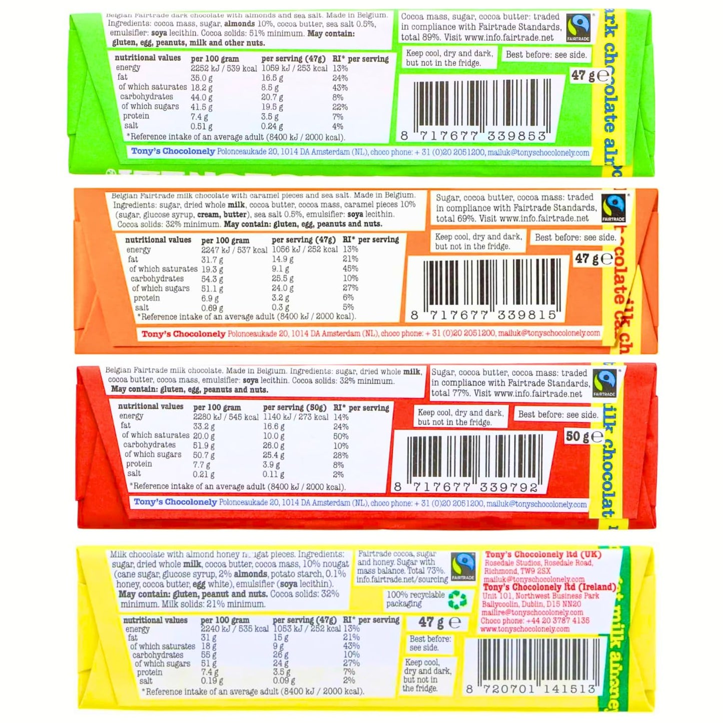 Tony's Milk Chocolate Milk Caramel Sea Salt, Sea Salt Dark Almond, Milk Chocolate, Almond Honey Nougat Pieces, Chocolate Bar, Combo 4x47g (Imported UK)