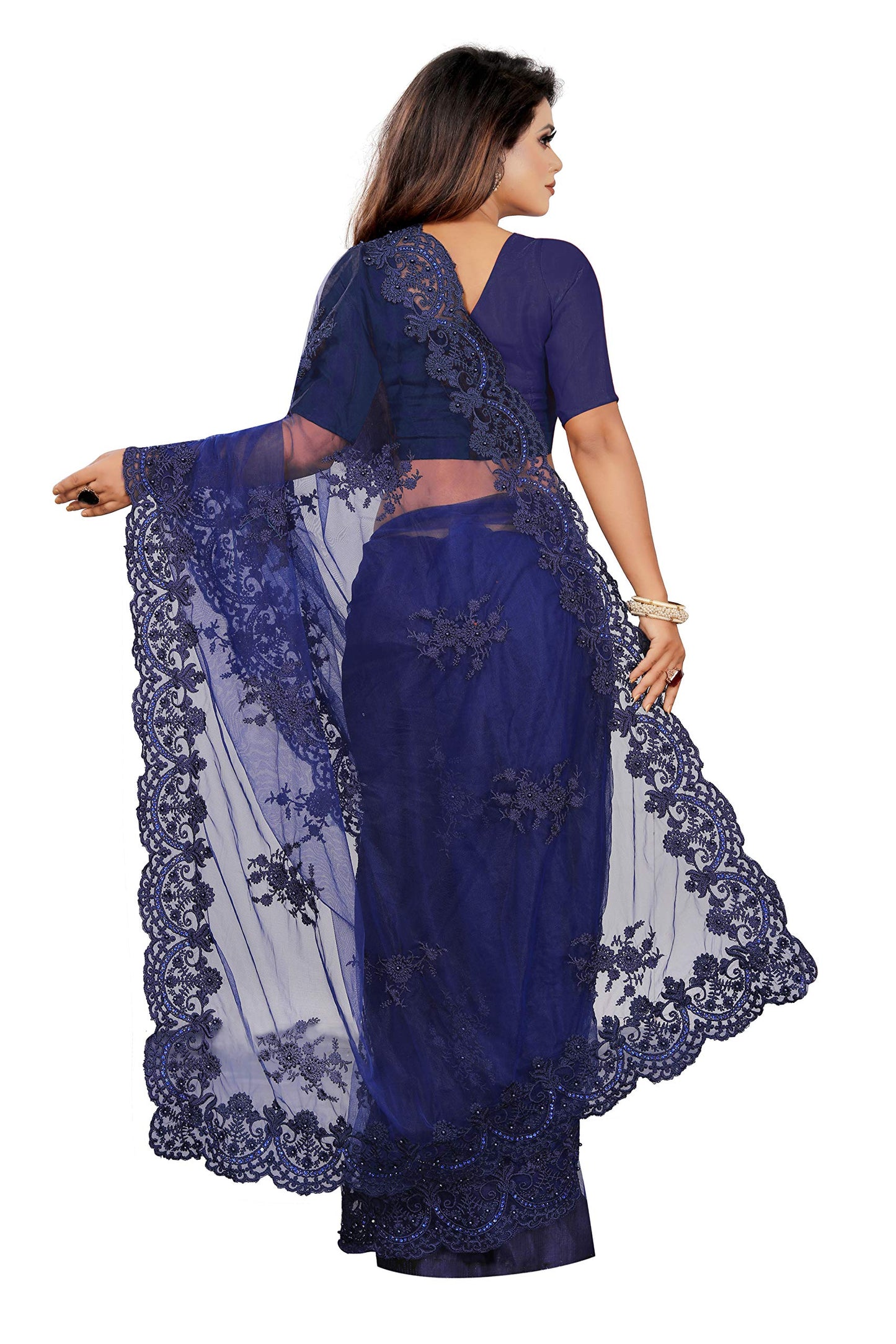 Vastraani Women's Cut Wok Embroidered Woven Net Saree with Blouse Piece (Blue, Free Size)