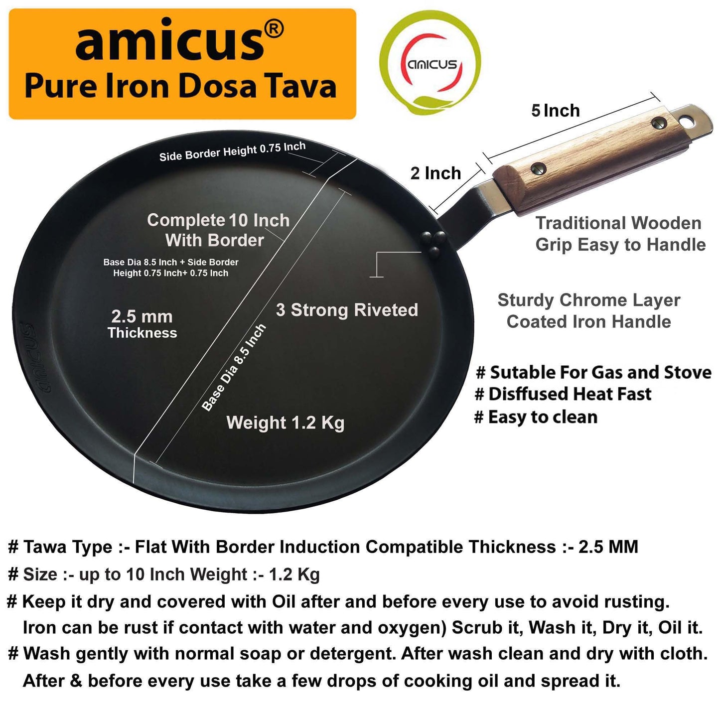 amicus Kitchen Premium Iron Tawa for Dosa Roti Chapati, Flat Iron Tava with Wooden Handle, Induction Friendly,10 Inch,1.2 Kg, Black
