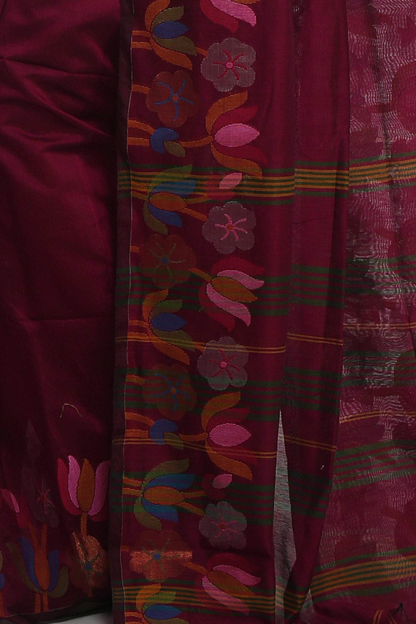 WoodenTant Womens Woven Handloom Cotton Silk Saree In Magenta With Jamdani Lotus Border