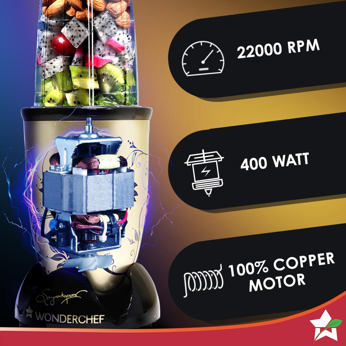Wonderchef Nutri-blend Mixer, Grinder & Blender|500W 22000 RPM 100% Full Copper Motor|Stainless Steel Blades|2 Unbreakable Jars|2 Years Warranty|Recipe book by Chef Sanjeev Kapoor|Champagne