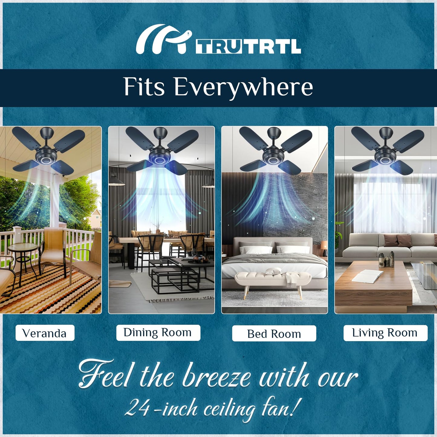 truTRTL Wave Ceiling Fan | 600 mm (24 inch) | High-Speed Ceiling Fan for Home | 2 Year Warranty | Energy Saving Ceiling Fan | Durable & Stylish | Metallic Blue