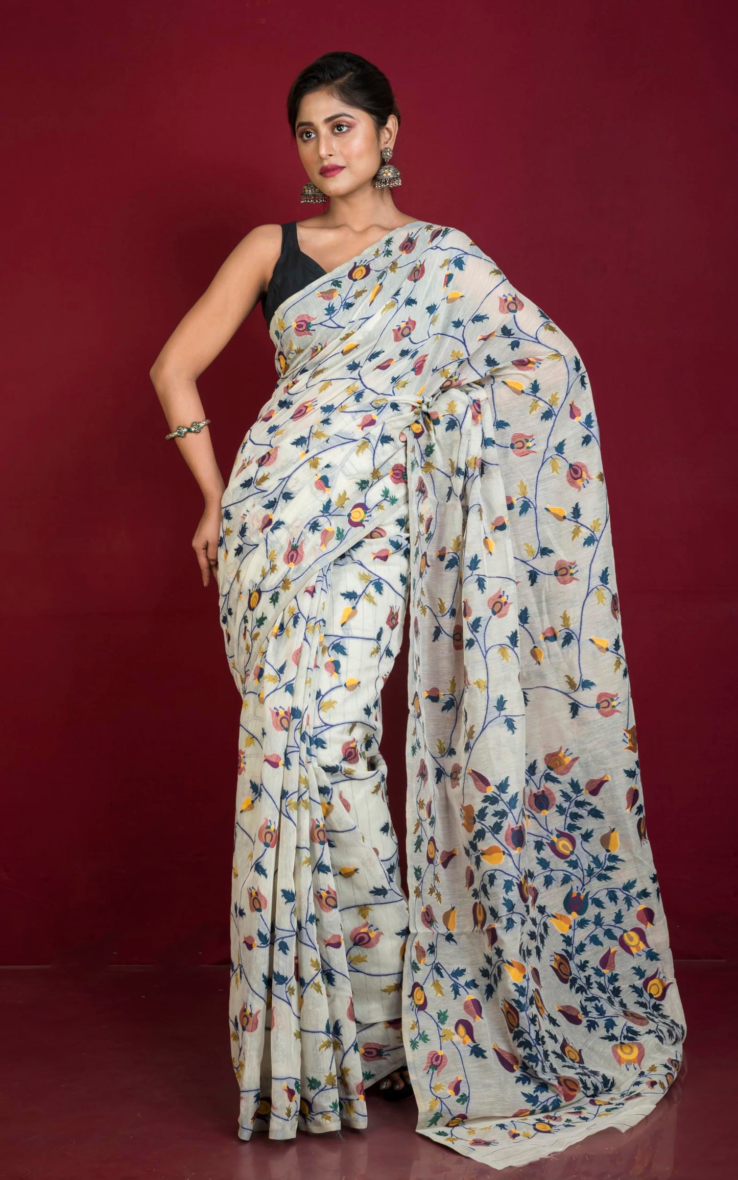 BENGAL LOOMS INDIA Tantuja Inspired Traditional Karat Nakshi Work Soft Jamdani Saree Women Rich Texture Smooth Finish Sari Indian Tradition Saree in Stone Beige and Multicolored for Casual Formal Wear