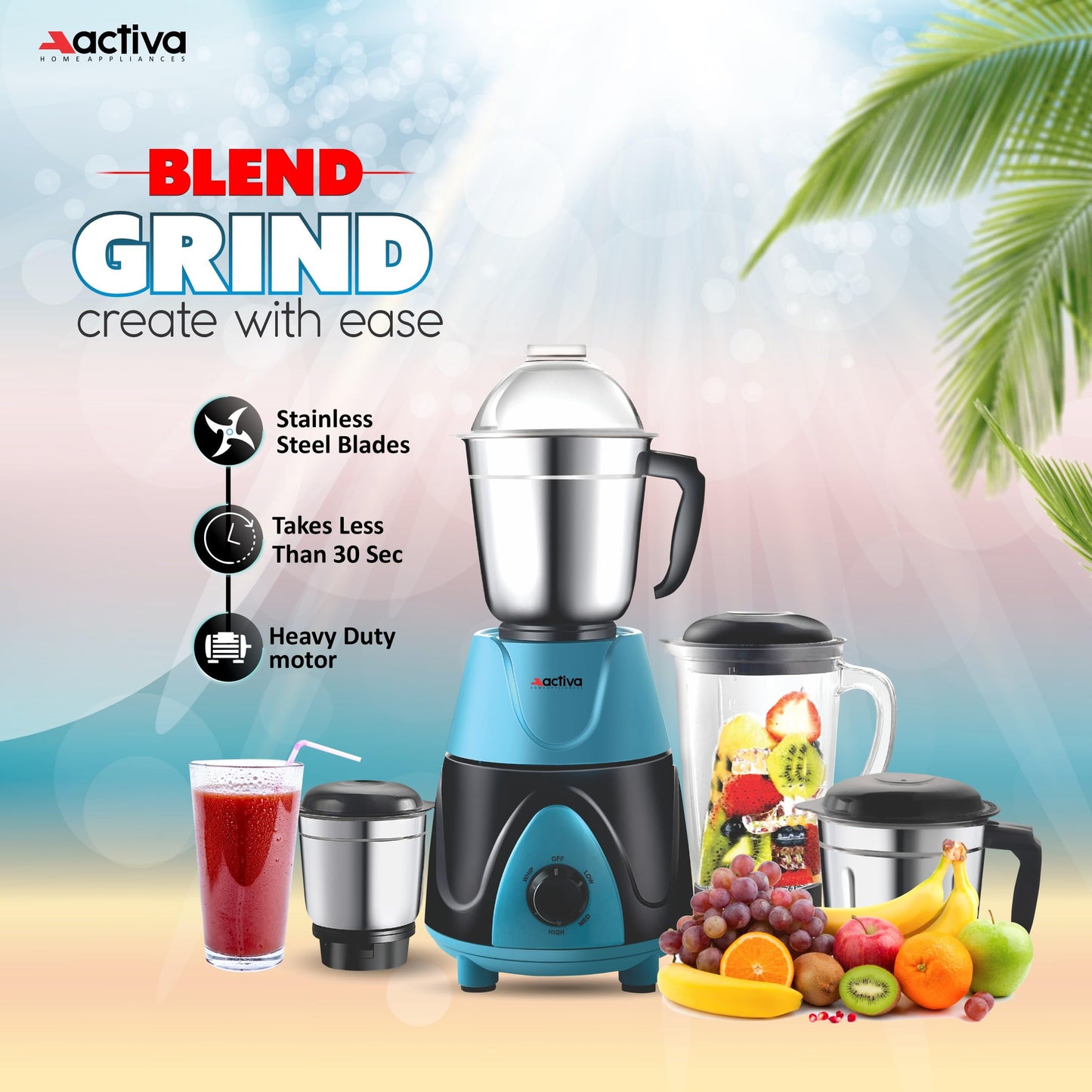 ACTIVA Megamix 1000 W Powerful Motor Mixer Grinder With 4 Jars | 2 Years Motor Warranty, Red