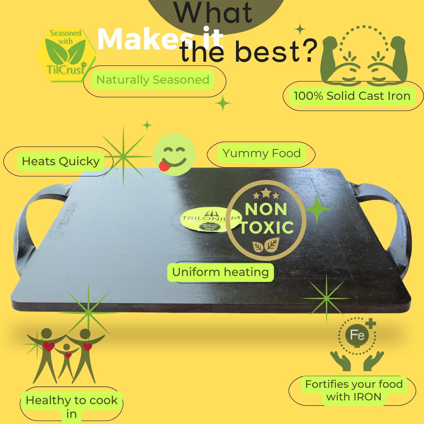 Trilonium Triple-Seasoned Iron Boulder Square Griddle pathri Tawa 30 x 30 cms | Ultra Smooth | Weights 5.8 Kgs