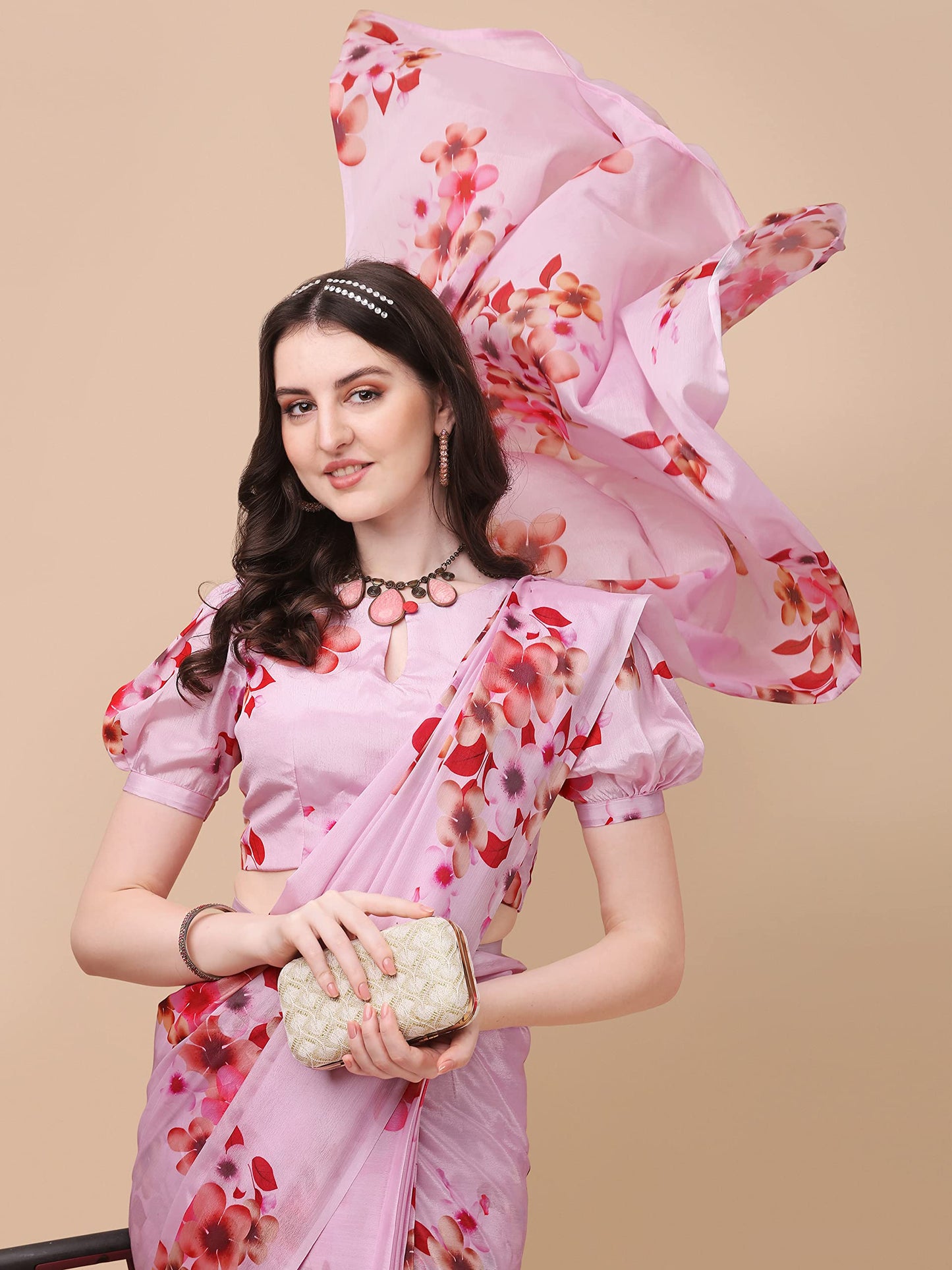 Sidhidata Women's Chifon Georgette Printed Ready To Wear Draped Saree With Unstitched Blouse Piece (Mogra Pink_Pink_Free Size)