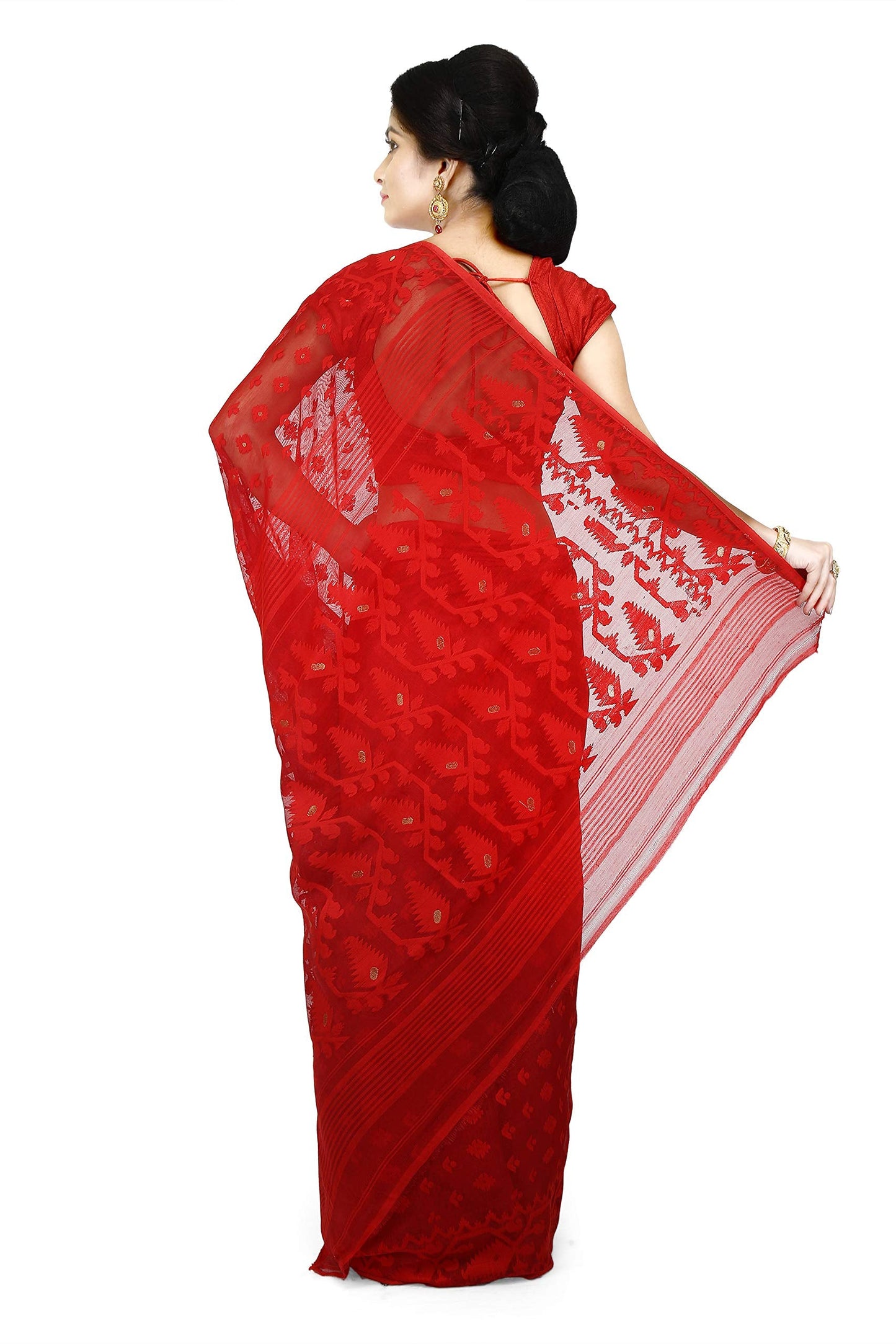 WoodenTant Women's Jamdani Cotton Silk Saree Without Blouse Piece (SDJ17_Red)