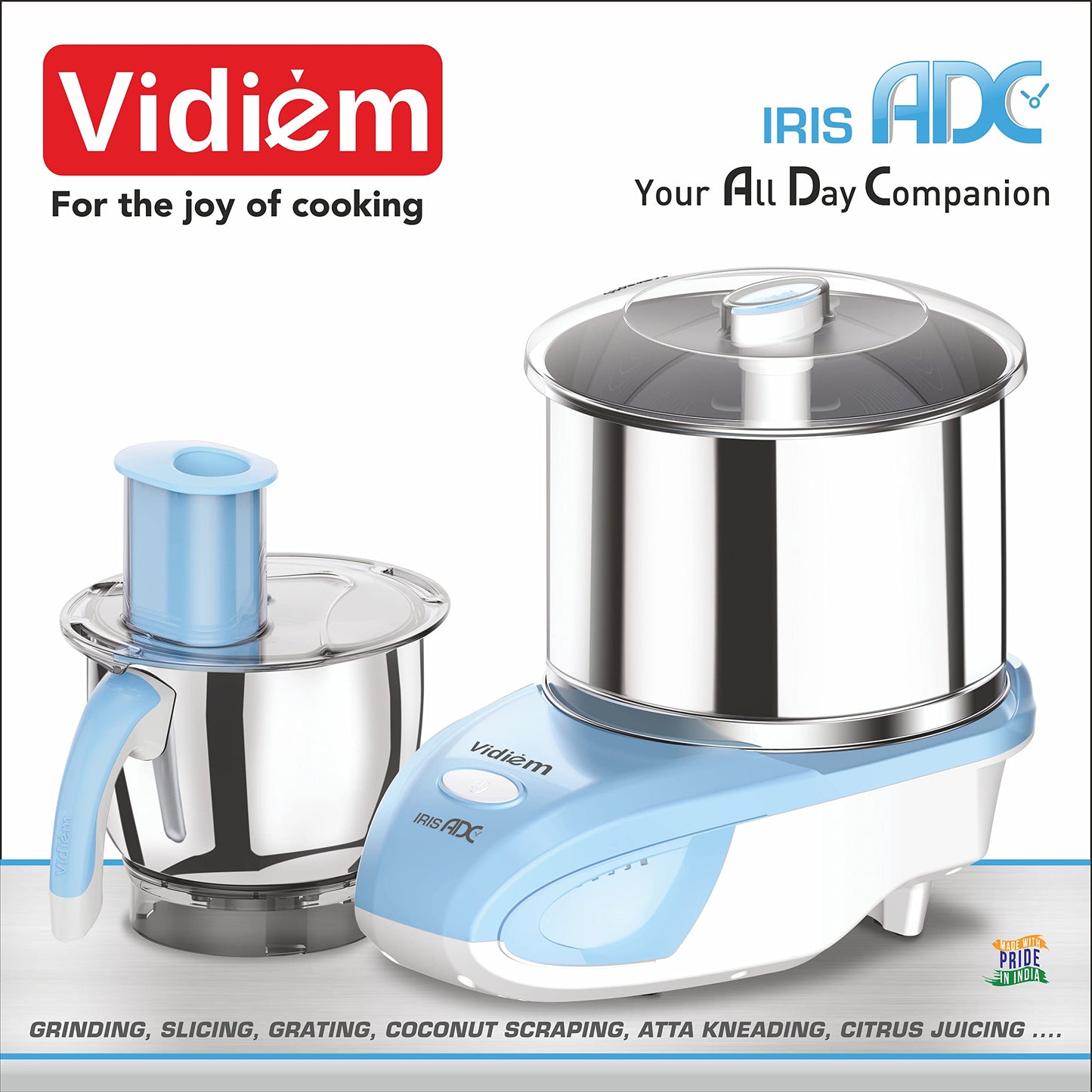 Vidiem IRIS ADC wet grinder ST 327 A (White & Blue) | Wet grinder 2 litre with 1 mult chef jar for slicing, atta kneading, citrus juicing, coconut scrapping & grating | 5 Years Warranty