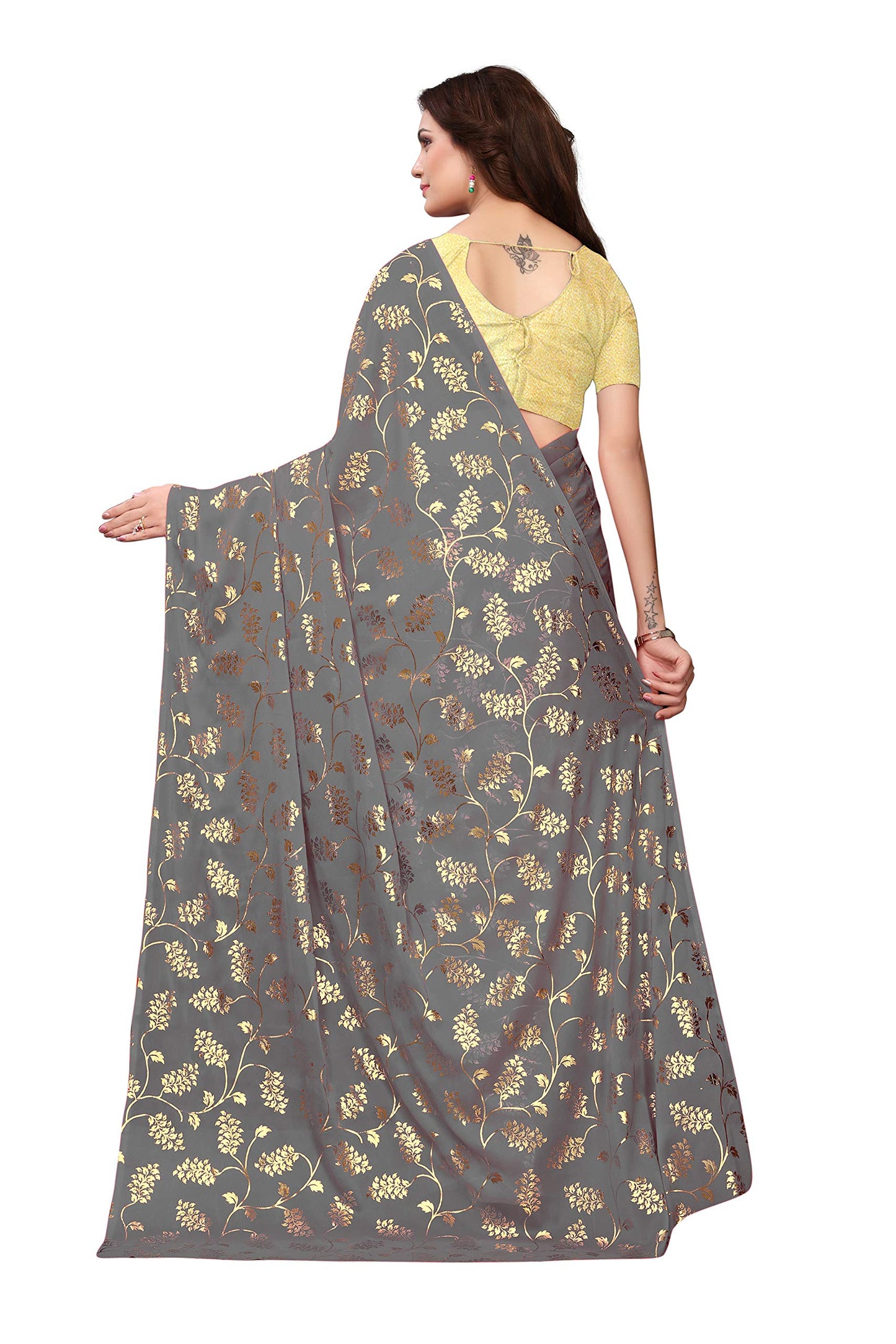 Yashika Silk with Blouse Piece Saree (FOIL Floral Black_Grey_Free Size)