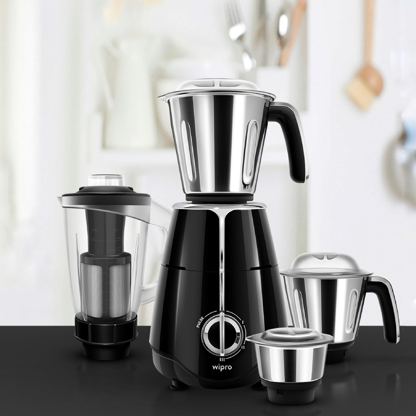 Wipro Elato FMG206 1000 Watt Mixer Grinder with 4 Jars,Heavy Duty 100% Copper Motor,Superfast Grinding,Stone Pounding Blade for Masala, 4 Jars Mixer Grinder 1000 Watt, 5 Years Motor Warranty, Black