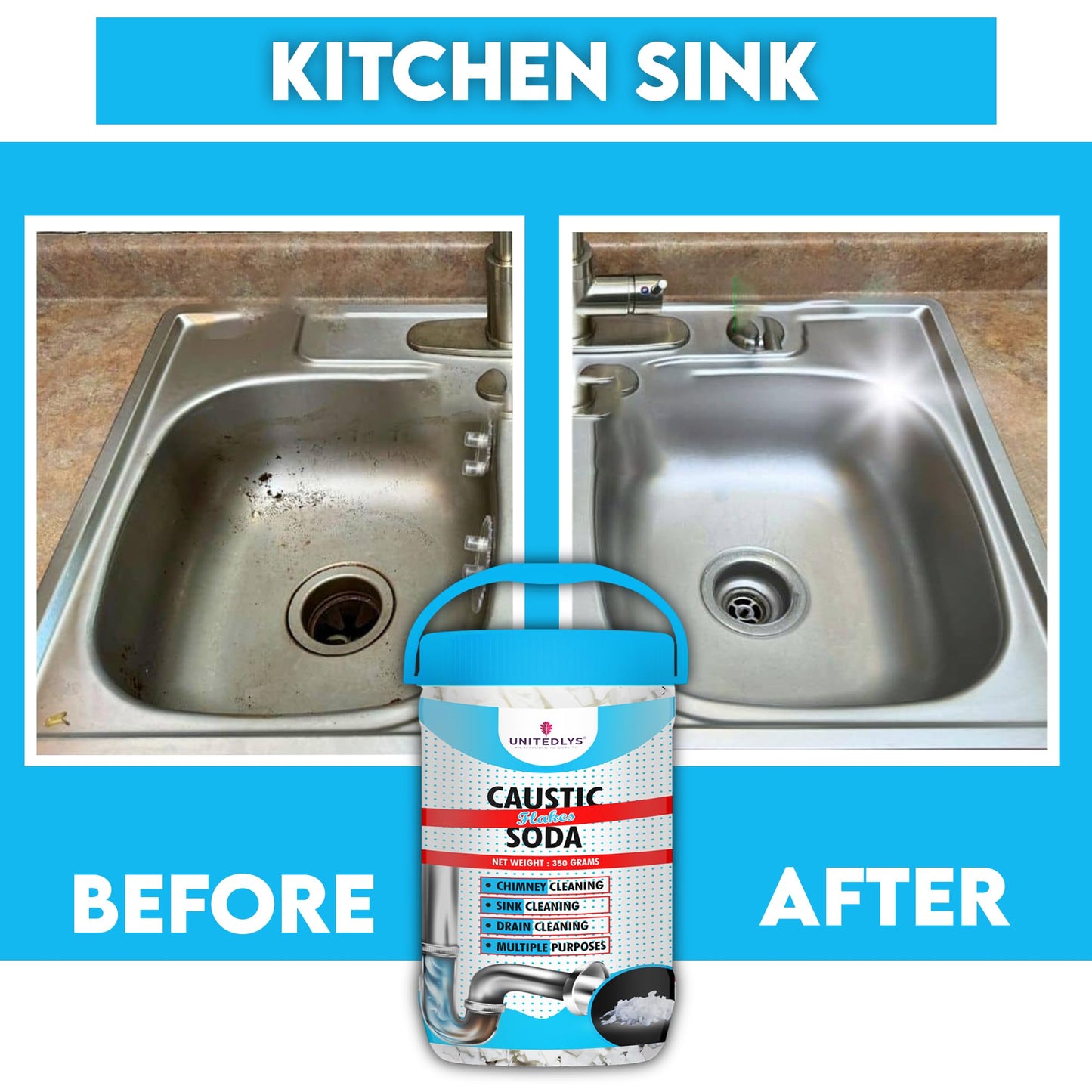 Unitedlysยฎ Caustic Soda Drainage Block Remover 350G | Fast-Acting, Non-Toxic & Odorless Drain Cleaner Powder | Caustic Soda for Drain Cleaning | Sink Cleaner, Drain Pipe Cleaner & Drainage Cleaner