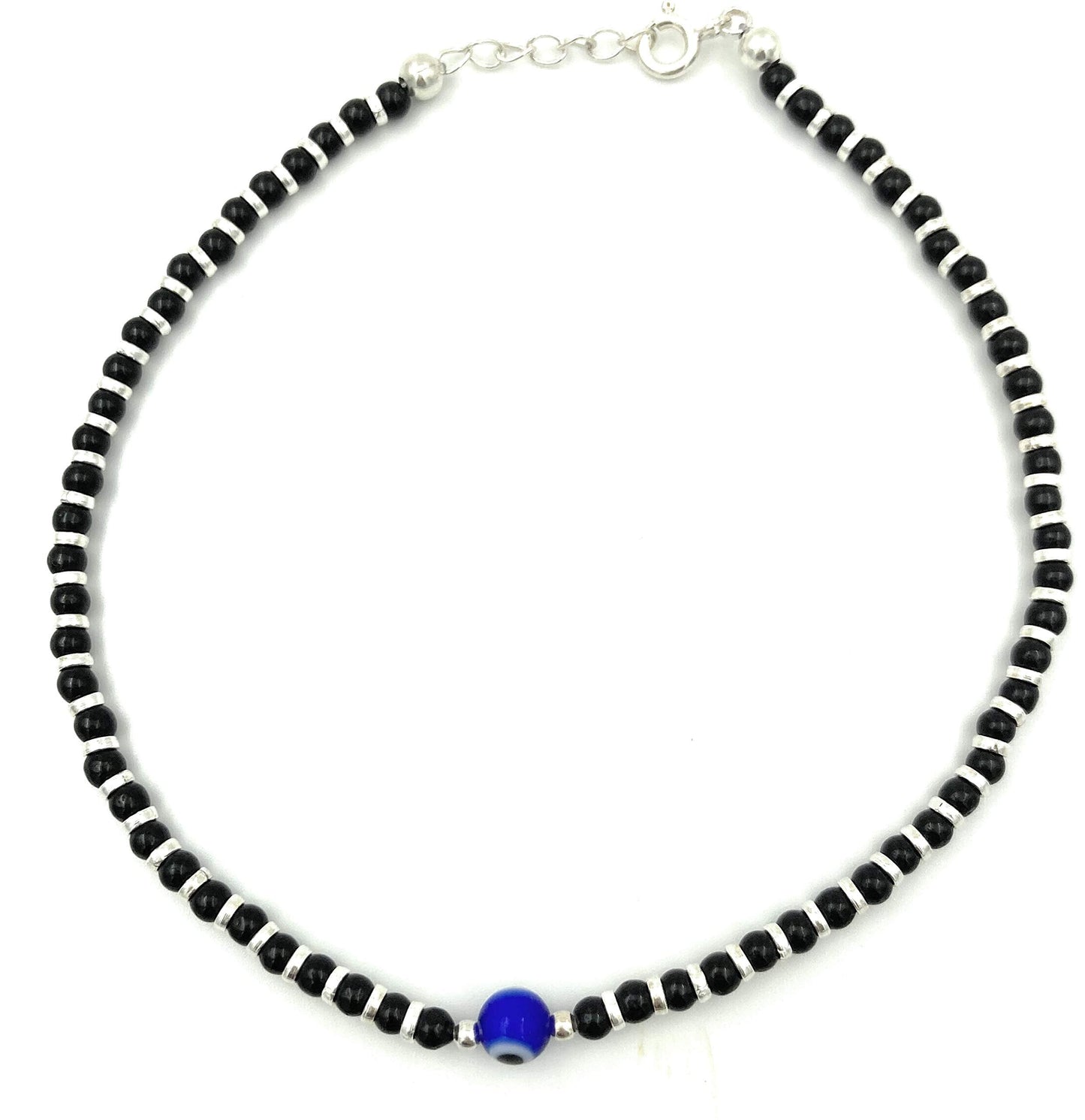VRINDAM JEWELLERS 925 Sterling Silver Blue Evil Eye Nazariya Anklet with Black Beads For Girl's & Women |Adjustable |Comfortable |Single Piece |Length 27 cm |Weight Approx...7 GM