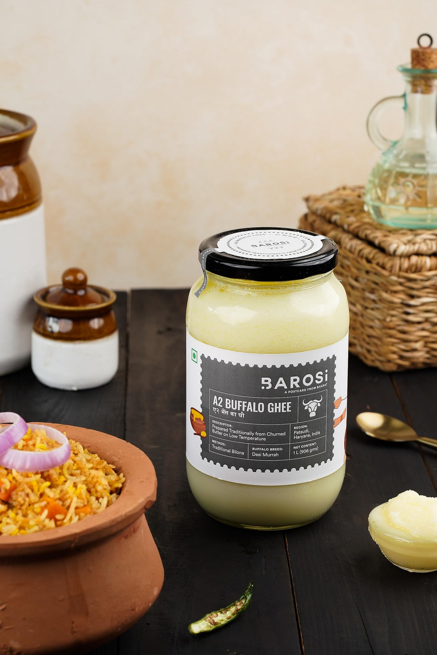 Barosi Premium Buffalo Ghee 1 Litre | Vedic Bilona Method | Churned From Curd | Pure & Natural | Farm Made In Small Batches | Glass Jar Packing
