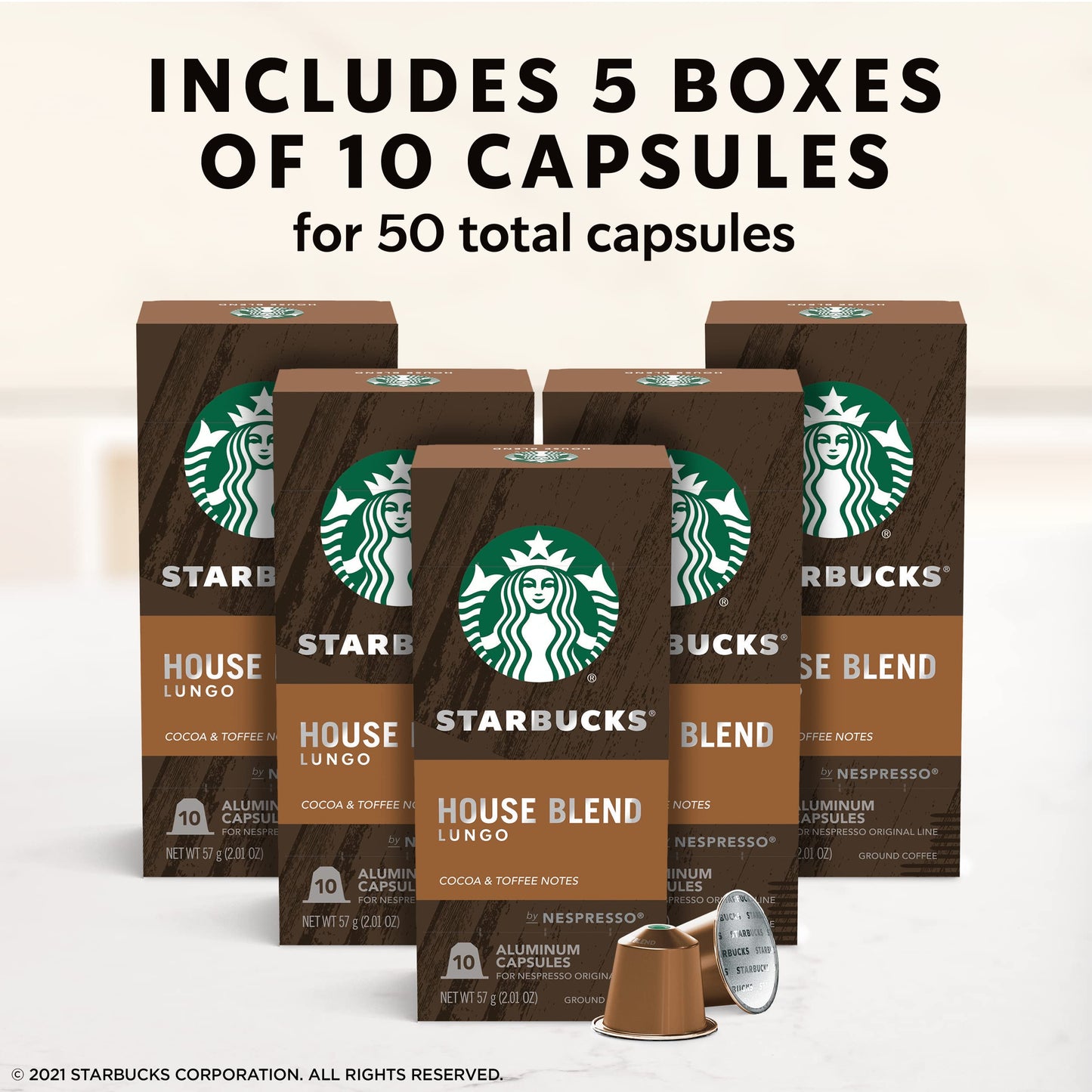 Starbucks By Nespresso, House Blend (50-Count Single Serve Capsules, Compatible With Nespresso Original Line System), Box - 0.126 Pounds
