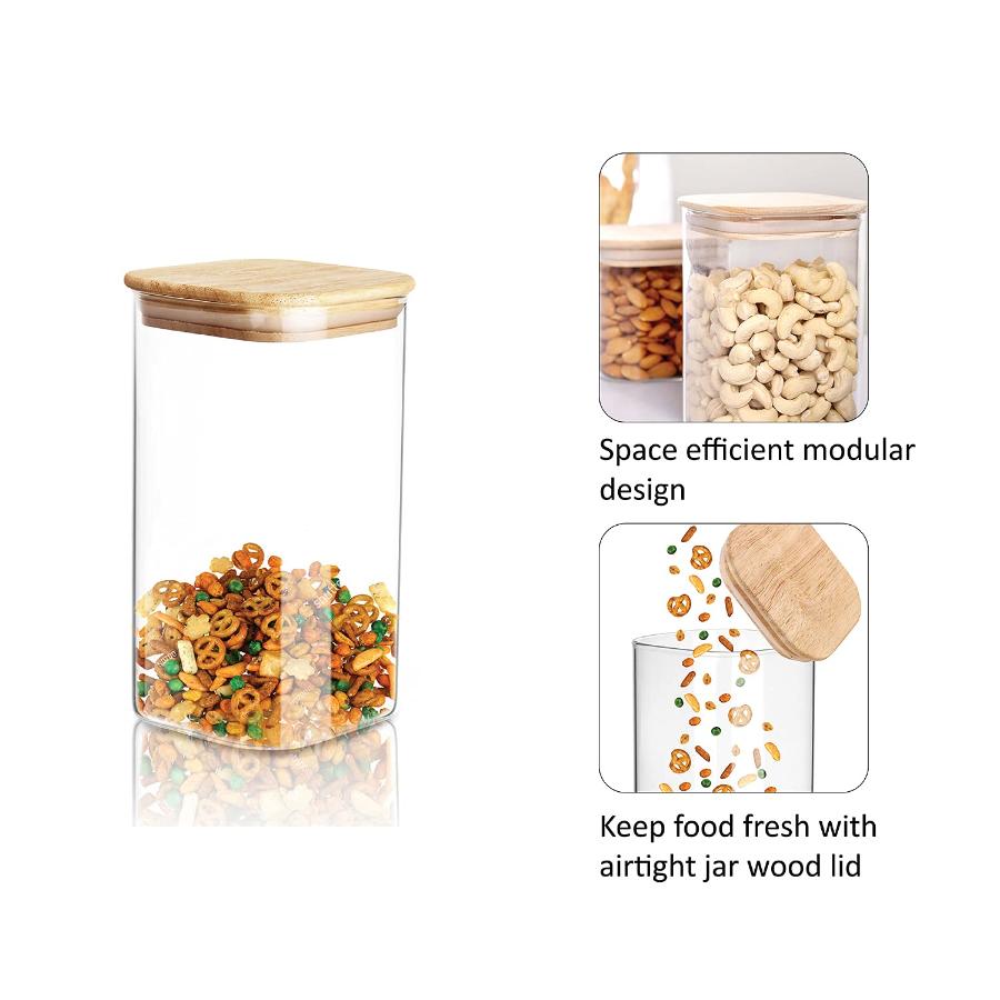 Woody Qube Borosilicate Glass Storage Jar, 600ml