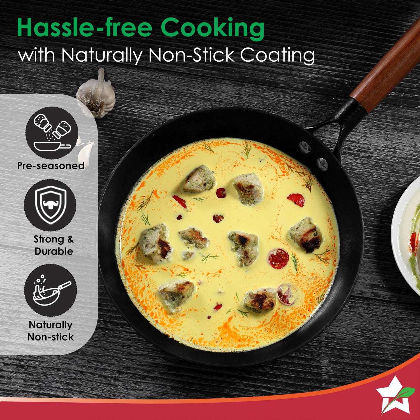 Wonderchef Pre-Seasoned Ferro Light 24cm Cast Iron Fry Pan | 1.4L | Acacia Wooden Handles | Gravity Moulding Technology | No Chemical Coating |10 Year Warranty