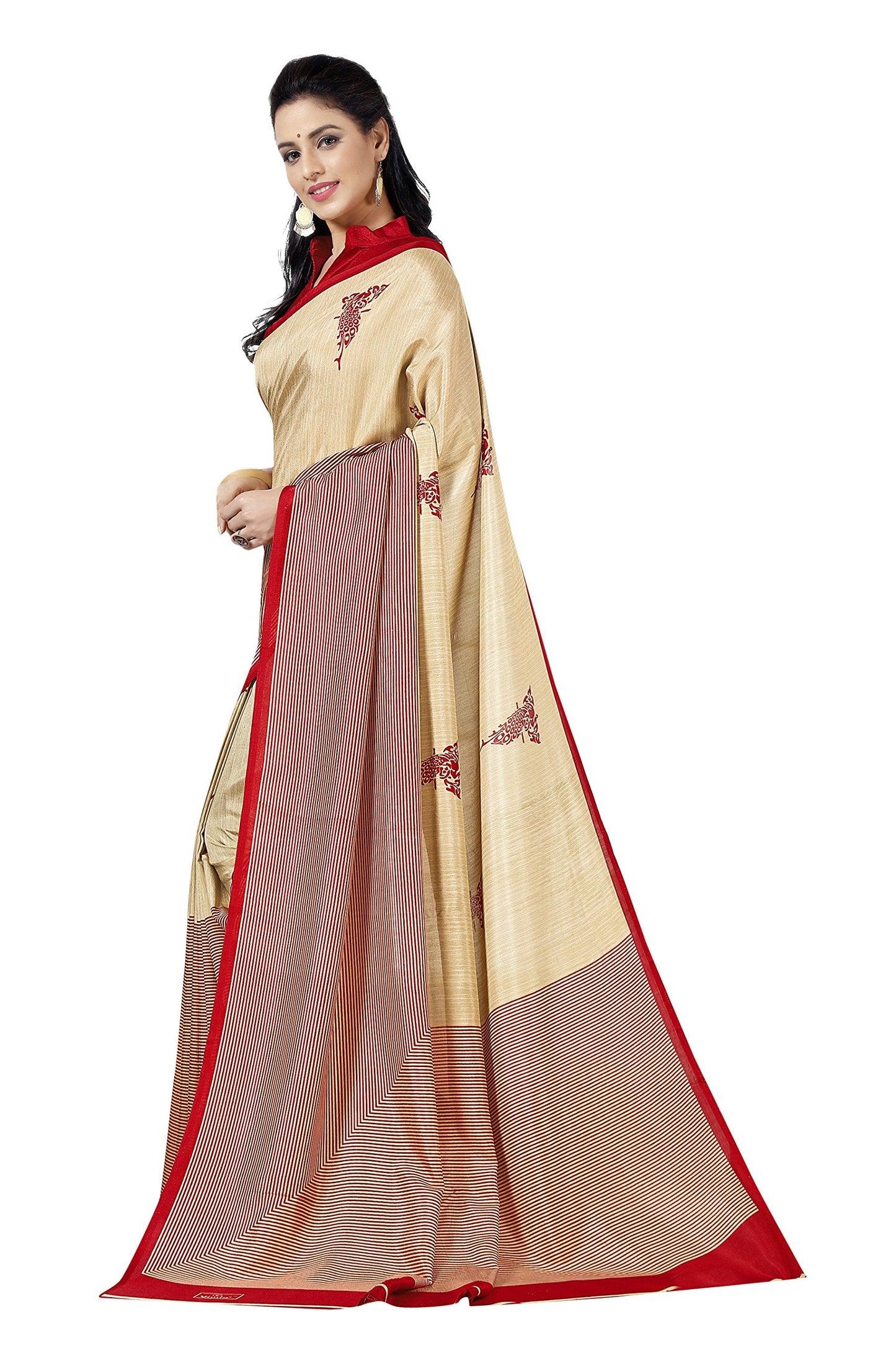 Vimla Women's Beige Malgudi Art Silk Uniform Printed Saree with Blouse (5899_Free Size, Beige)