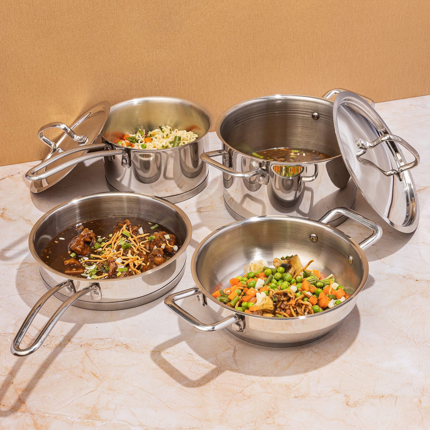 Vinod Cookware Classic Deluxe Stainless Steel Induction Friendly 4 Pcs. Set (16cm Saucepan with Lid, 18cm Sauce Pot with Lid, 20cm Kadai with Lid, 20cm Fry Pan Without Lid)