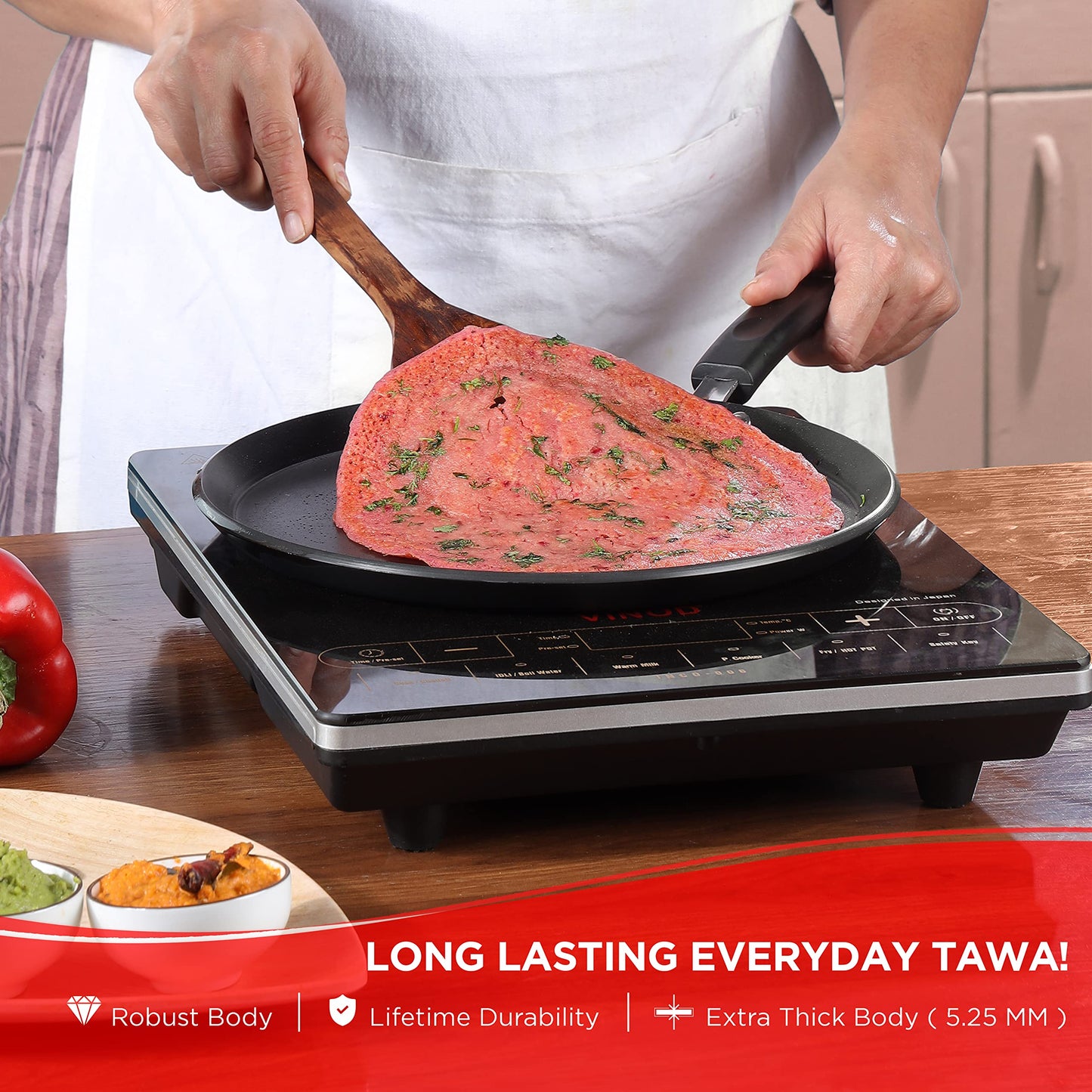 Vinod Hanos Non-Stick Dosa Tawa 30 cm Diameter, Hard Anodised Non-Stick Coating with Bakelite Riveted Handle - 5.25 mm Thickness, Black (Induction and Gas Stove Friendly)