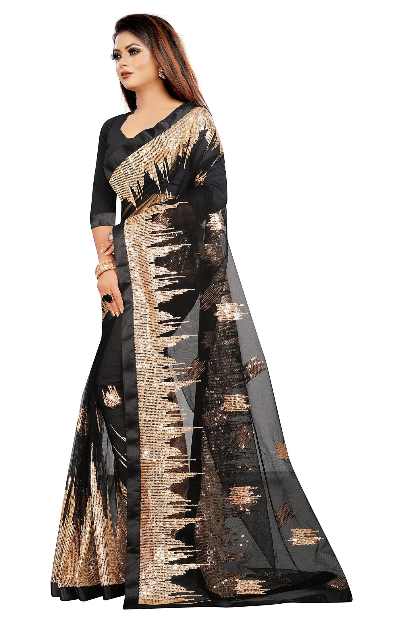 Vastraani Women's Sequined Woven Net Saree with Blouse Piece (Black, Free Size)