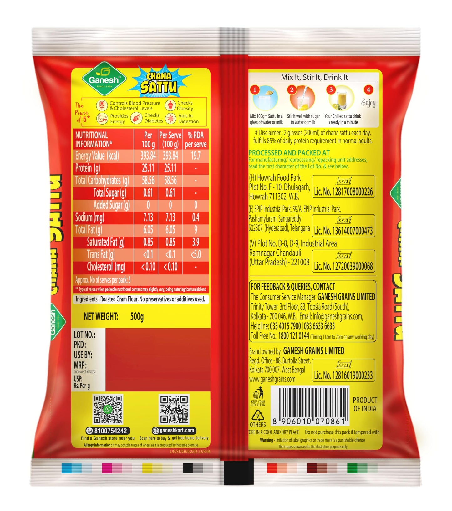 Ganesh chana sattu 500 gm (pack of 2) high protein fibre 100% natural gluten free chana sattu roasted gram powder