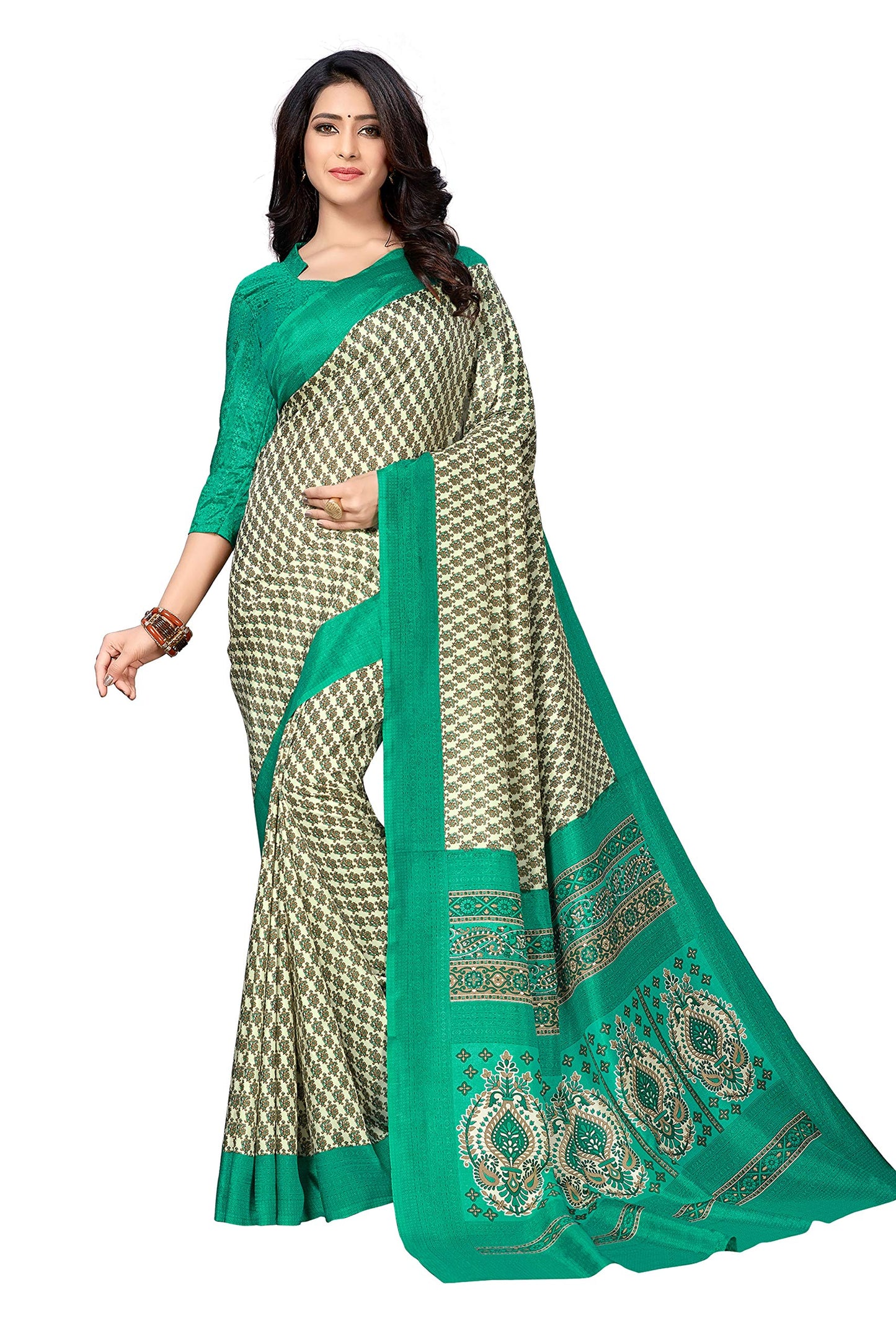 Vimla Women's Beige Malgudi Art Silk Uniform Saree with Blouse Piece (2313_Beige_Free Size)