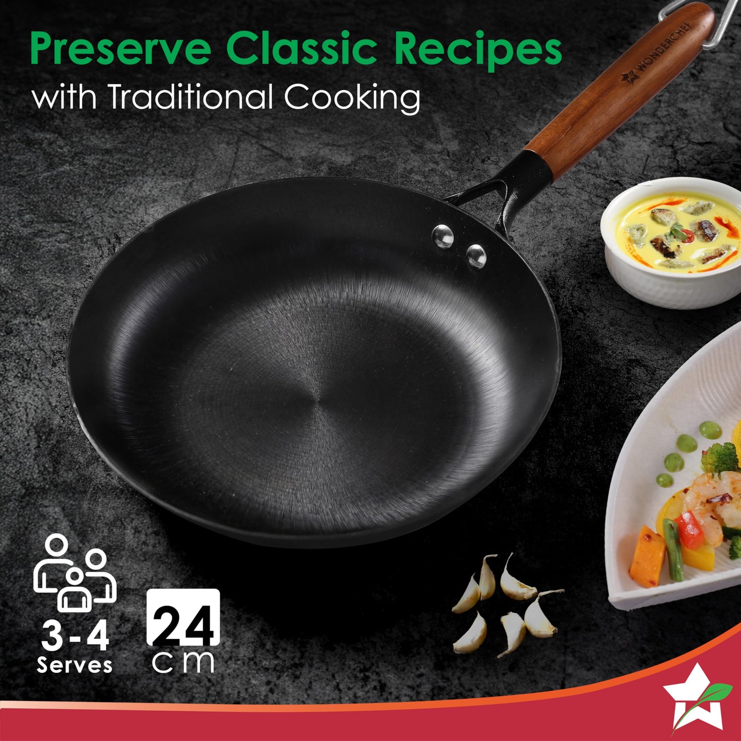 Wonderchef Pre-Seasoned Ferro Light 24cm Cast Iron Fry Pan | 1.4L | Acacia Wooden Handles | Gravity Moulding Technology | No Chemical Coating |10 Year Warranty