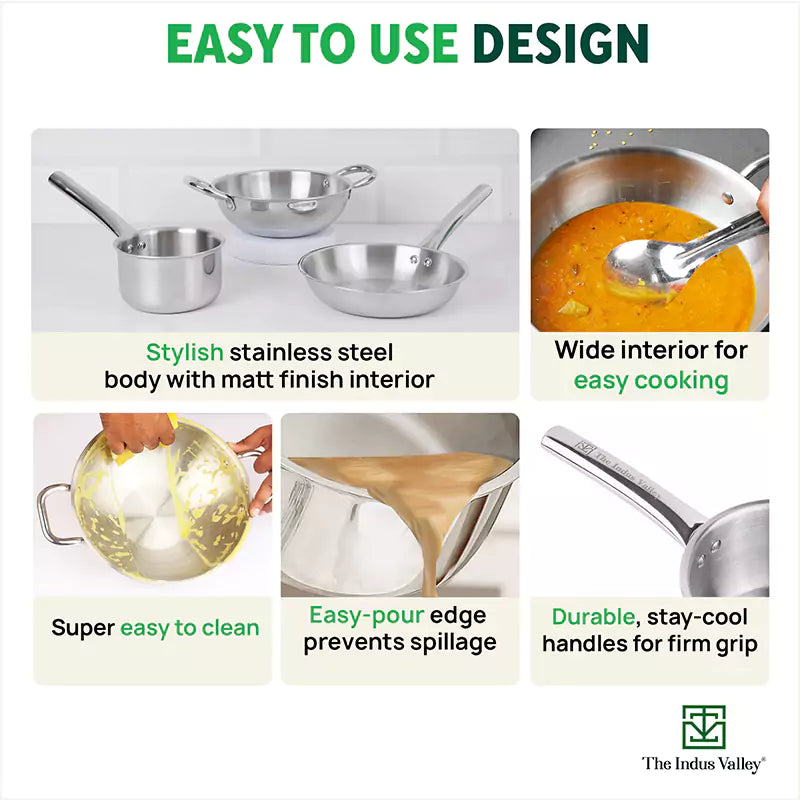 TurboCuk Tri-ply Stainless Steel Cookware Set: 2.2L Kadai+ 1.4L Frypan+ 1.2L Tea/Milk pan, Premium Quality, 3 Layer Thick Body, 100% Toxin-free, Non-stick, Induction & Gas