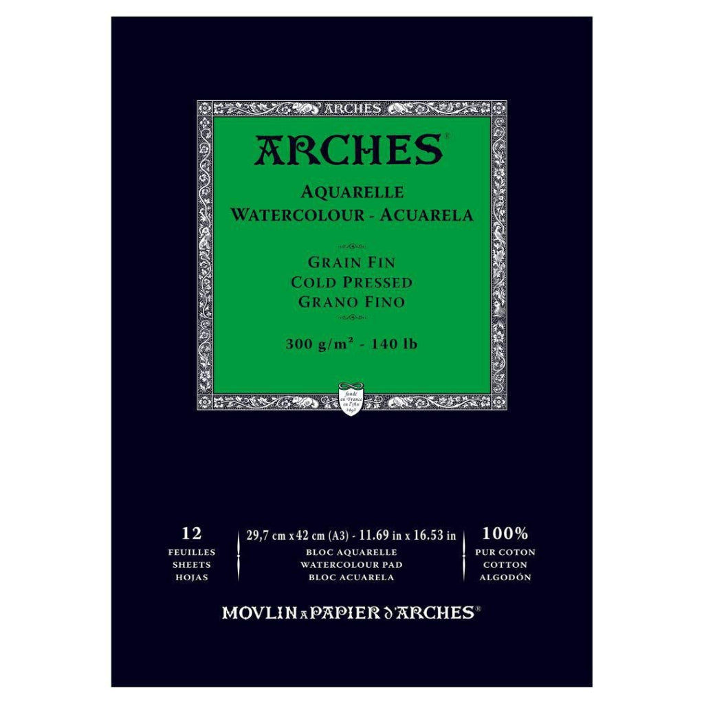 Arches Watercolour- Aquarelle - A3 (29.7 Cm X 42 Cm) Natural White Fine Grain/Cold Press 300 Gsm Paper- Short Side Glued Pad Of 12 Sheets