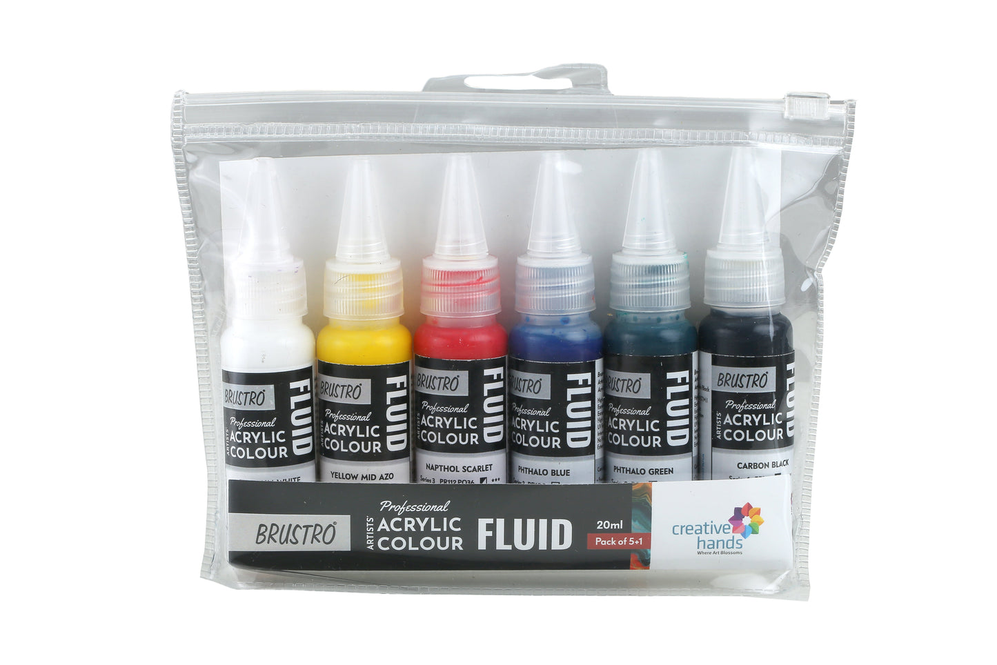 Brustro Professional Artists ’ Fluid Acrylic 20 ml Pack of 5 + 1 Free (Titanium White, Yellow Mid AZO, Napthol Scarlet, Phthalo Blue, Phthalo Green and Carbon Black) with Pouring Medium 200 ml