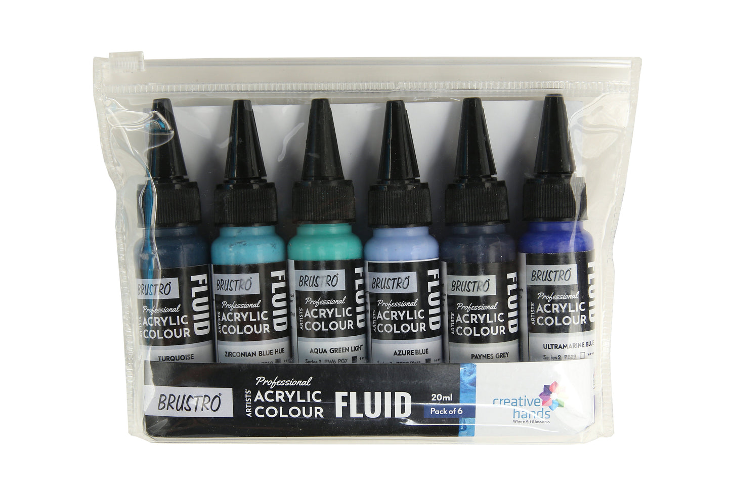 Brustro Professional Artists’ Fluid Acrylic 20 ml Beyond The Blues (Pack of 6) (Turquoise, Ultramarine Blue, Zirconian Blue Hue, Paynes Grey, Aqua Green Light, Azure Blue)