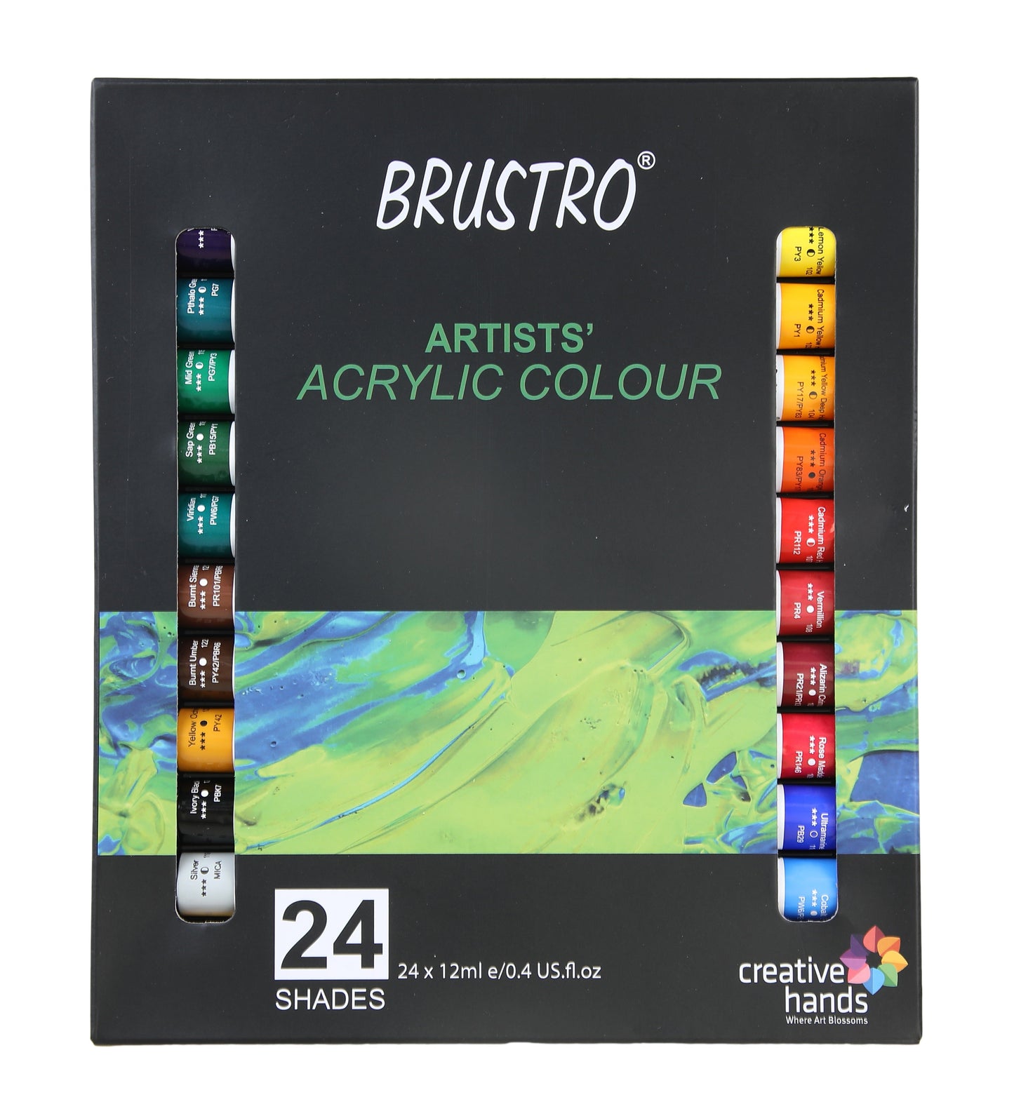 BRUSTRO Acrylic Paint colour set | Set of 24 Colours X 12ml Tubes | Highly pigmented, Intermixable, Perfect For Students, Adults, Beginners, Professionals and Artists