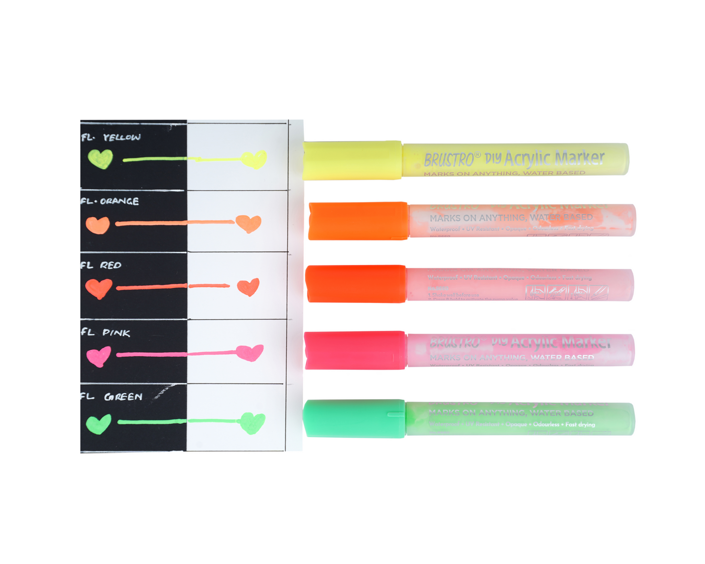 Brustro Acrylic (DIY) Marker Set of 5 (Fluorescent Shades) for Craftworks, School Projects, and Other Presentations