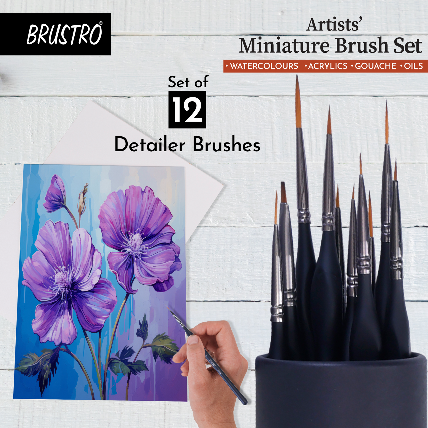 BRUSTRO Artists’ Miniature Precision Brushes - Set of 12 | Synthetic Bristles, Detail Fine Tip | Ideal for Watercolour, Acrylic, Gouache & Oil Colors , Art Painting Tools, Paint Brush Set.