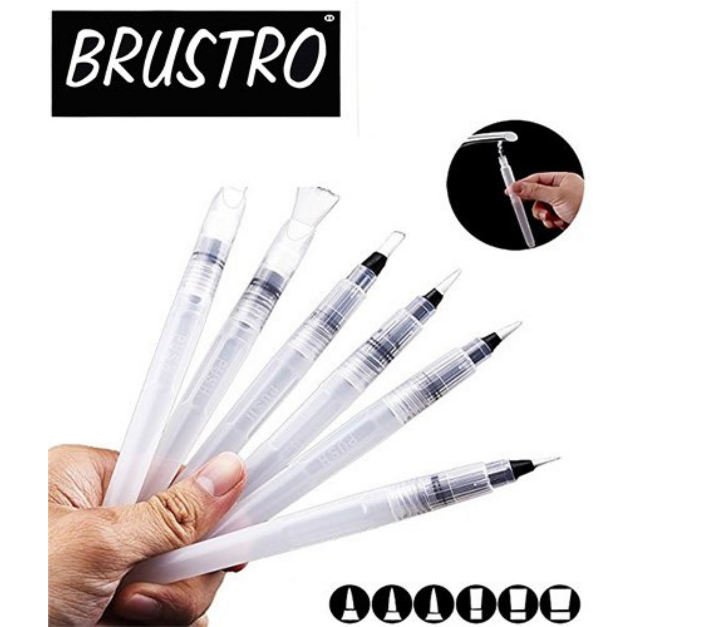 Brustro 3 Flat and Round Aqua Squeeze Leak Proof Watercolour Brush Pen with 9 Sheets Paper Cotton CP 300 GSM, 5x7-inch (Assorted) - Set of 6