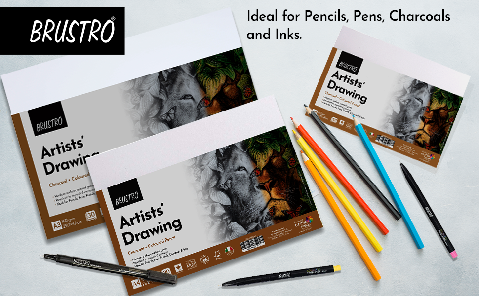 BRUSTRO Artist's Drawing Papers | 160 GSM, A4, Pack of 30 Sheets | Ideal for Students,Adults, Coloring, Art, Craft, Natural Grain, Graphite, Charcoal, Pastels, Sketching, Shading, Drawing and Portrait