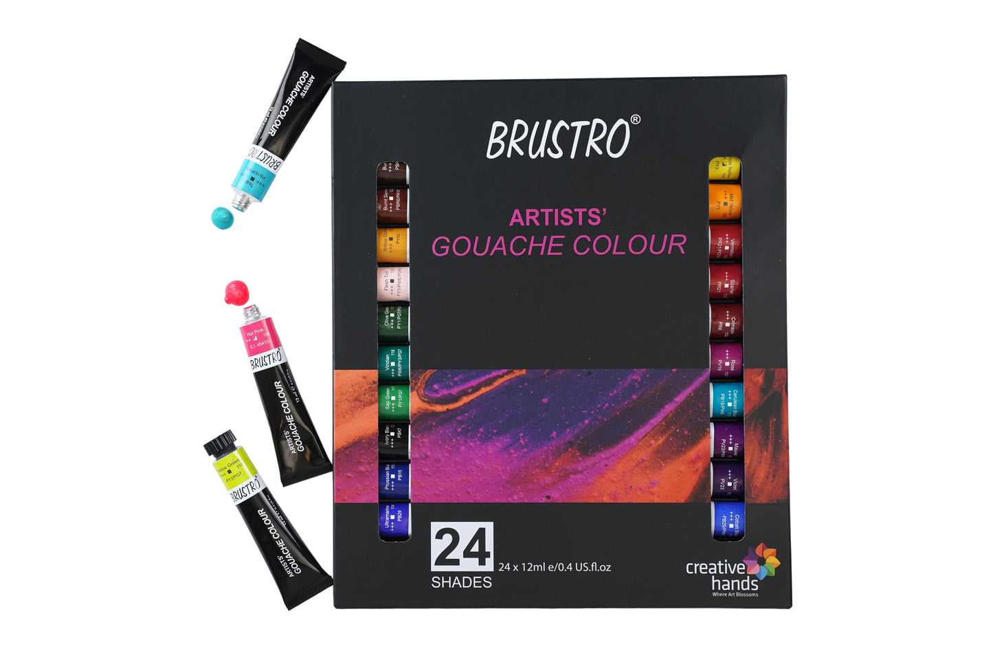 BRUSTRO Artist's Gouache Colour | Set of 24 Colors X 12ml Tubes |Perfect for Watercolor paper,Infinite Blending,Non-Toxic,Highly Pigmented,Ideal for Professional Artists,Graphic Designers,Illustrators