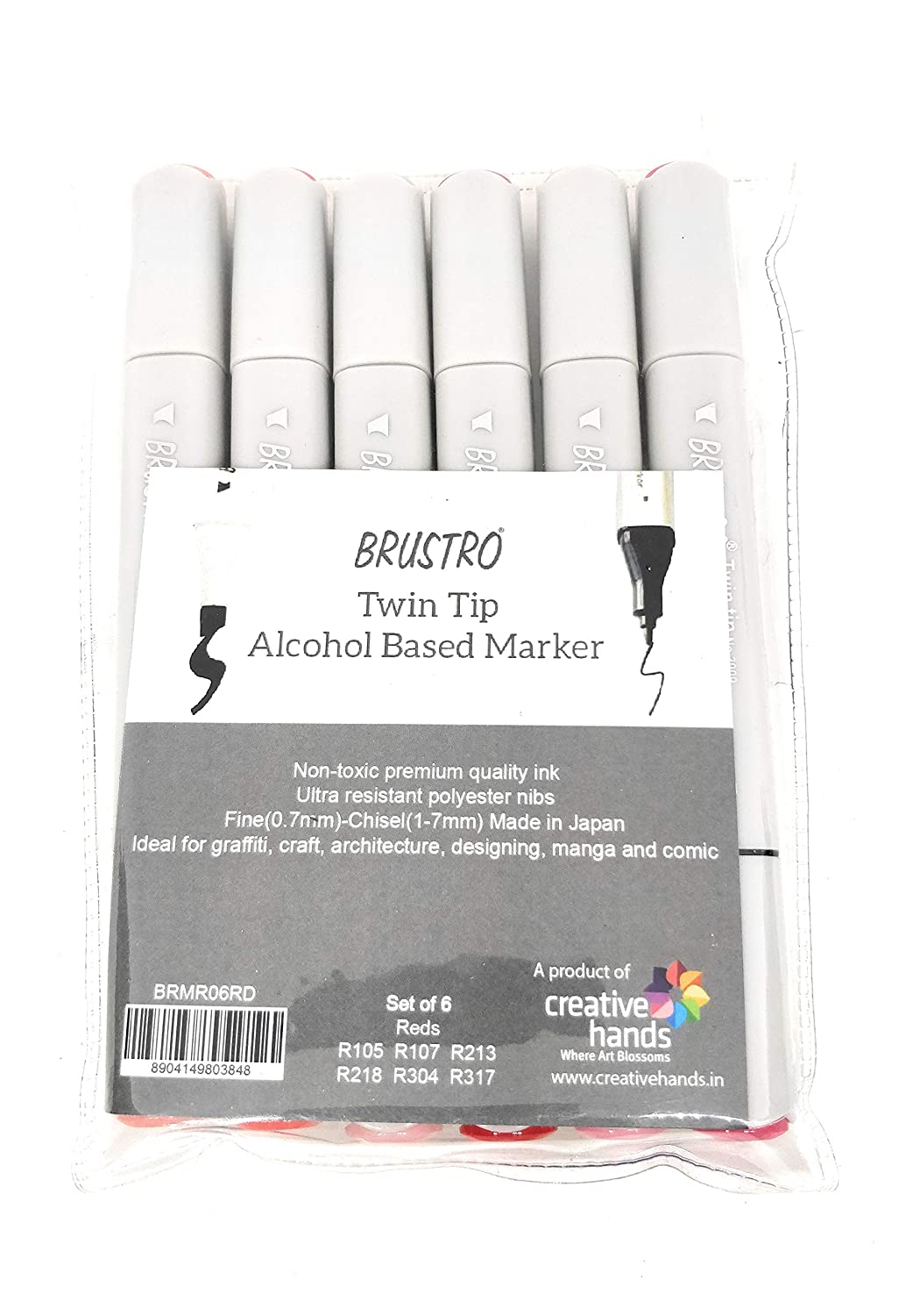 BRUSTRO Twin Tip Alcohol Based Marker Set of 6 (Reds) in Crossline PP See Through Box