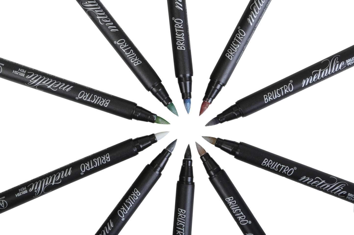 BRUSTRO Metallic Brush Pens - Soft Brush Tip for Calligraphy, Hand Lettering, Colouring, Scrapbooking, Card Making - Set of 10 Colors.