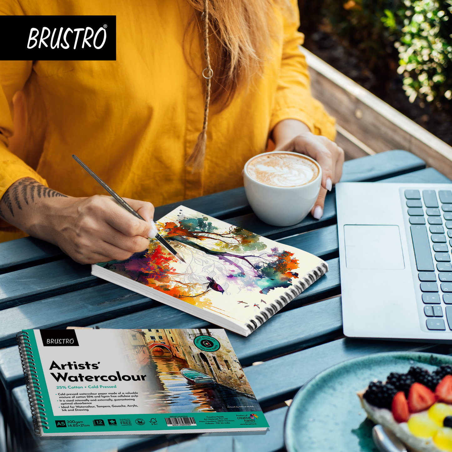 BRUSTRO Artist Watercolour Pad 25% Cotton 300 GSM A5 Wiro - 12 Sheets