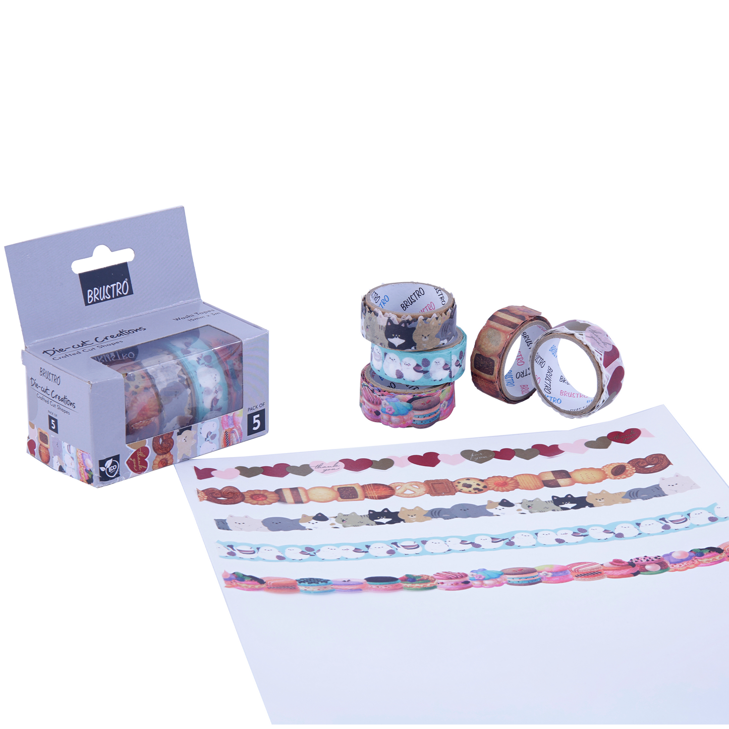 BRUSTRO Die-Cut Creations Washi Tapes | Set of 5 | 15 mm x 3 mtrs | Low Tack Adhesive, Ideal for Scrapbooking, Planners, Card/Gift Wrapping, DIY, Home Decor, Art & Craft Supplies