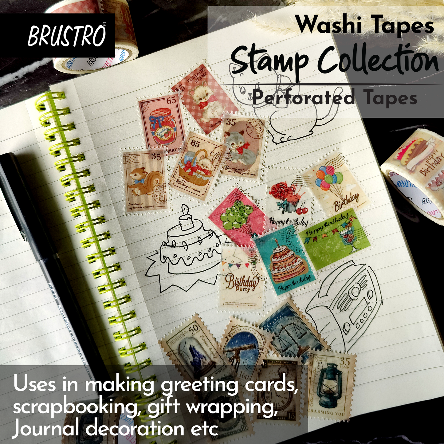 BRUSTRO Washi Tapes Stamp Collection Shade, 25 mm x 5 mtrs (set of 3)