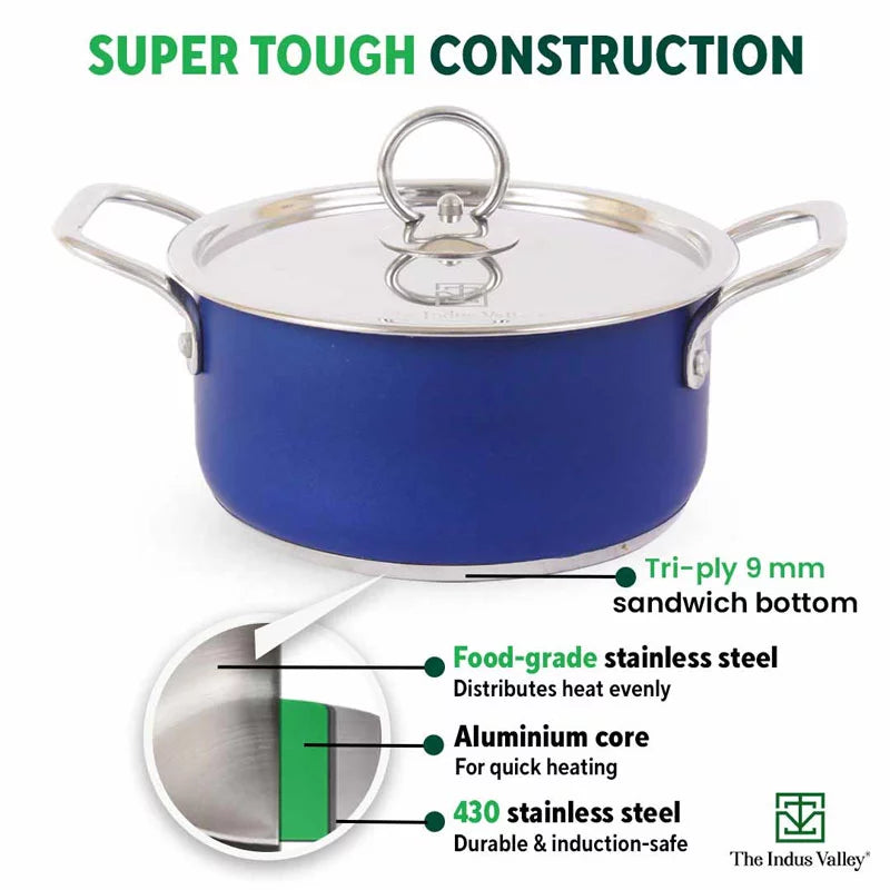 Tri-Steel Premium Stainless Steel Casserole/ Saucepot with Steel Lid, Tri-ply (3 Layer) Induction Bottom, 1.9L, Blue