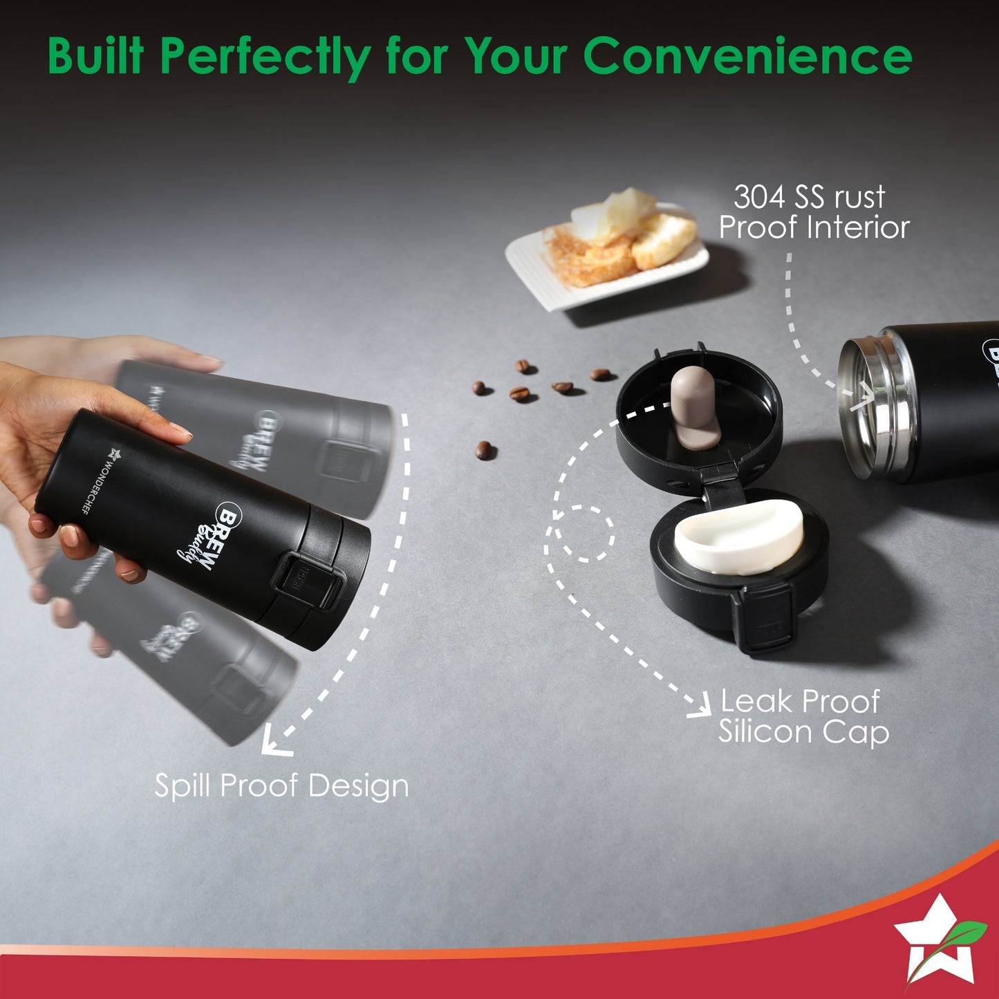 Wonderchef Renewed Brew Buddy Portable Coffee Mug | 380 ml | 304 Stainless Steel | Rust Proof | Copper Coated | Double Walled Vacuum Insulation | Safe-Lock System| Anti-Skid Base | 1 Year Warranty