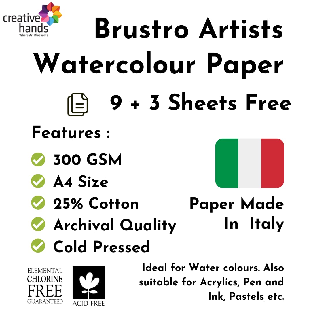 BRUSTRO Artists Watercolour Paper | 300 GSM, A4, 25% Cotton, Cold Pressed | Pack of 12 Sheets | Ideal for Artist, Professional Drawing, Painting Dry & Wet, Fine Art, School, Students, Watercolor