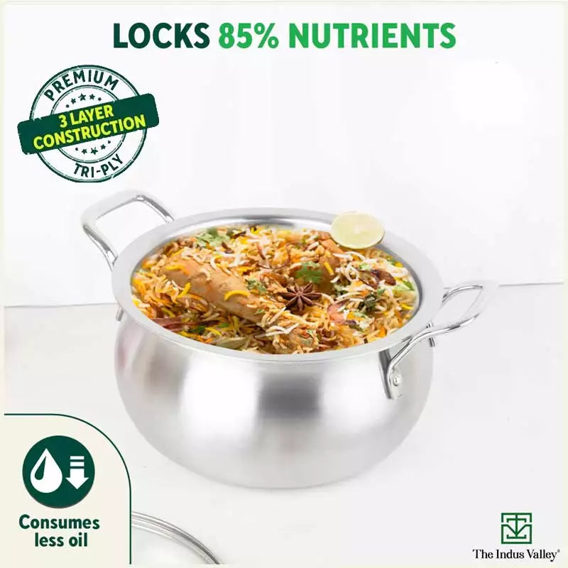 TurboCuk Tri-ply Stainless Steel Handi Casserole/ Biryani Cooking Pot+ Glass Lid, Premium Quality, 3 Layer Thick Body, 100% Toxin-free, Non-stick, Induction & Gas, 4L