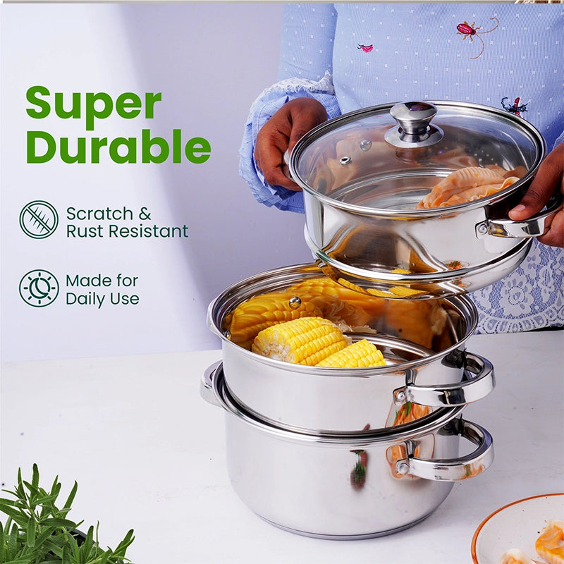Tri-steel Multi Purpose Stainless Steel Steamer with Sandwich bottom | Vegetable Steamer | Khandvi/Modak/Momo Maker | Steaming Pot 1.42 Kg / 1.9 Kg, 2 Tier / 3 Tier