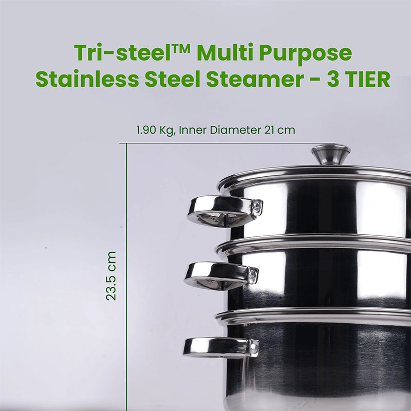 Tri-steel Multi Purpose Stainless Steel Steamer with Sandwich bottom | Vegetable Steamer | Khandvi/Modak/Momo Maker | Steaming Pot 1.42 Kg / 1.9 Kg, 2 Tier / 3 Tier